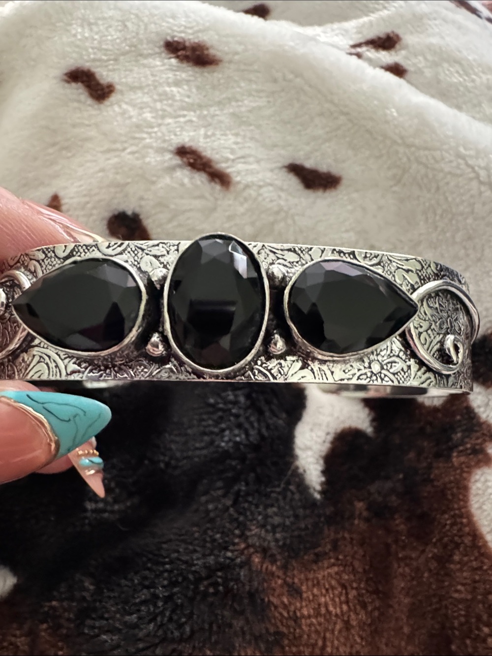 Cuff Bracelet with Black Faceted onyx 925 silver